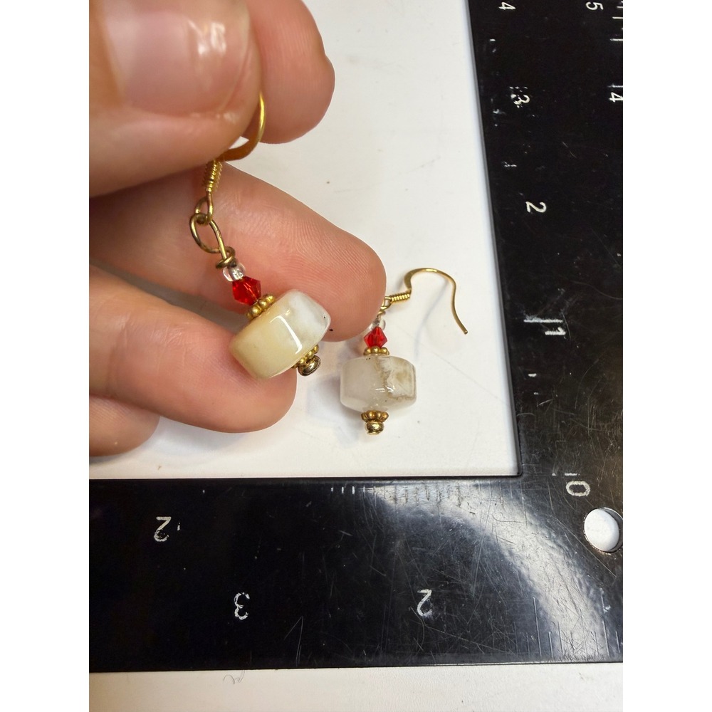 Handmade Stone Rondelle Drop Earrings Red Crystal Gold Tone Dangle